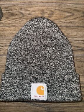 Carhartt Marled Black & White Beanie with Yellow Logo Patch